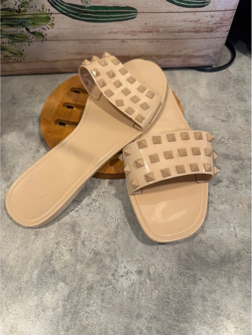 Nude slide-style fashion sandals with studded straps – Size 8